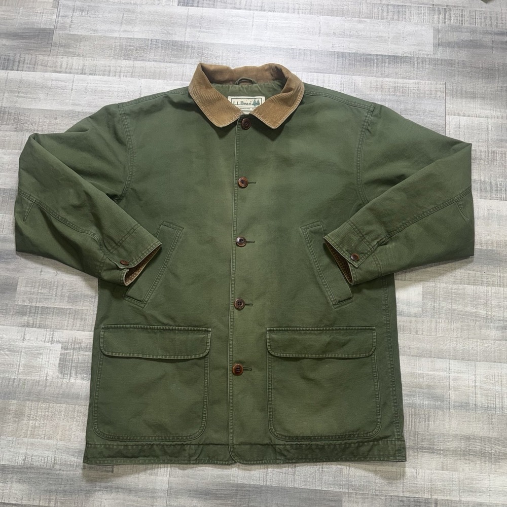 Vintage L.L. Bean Field Coat Barn Chore Jacket Large Green Corduroy Canvas OBGWS